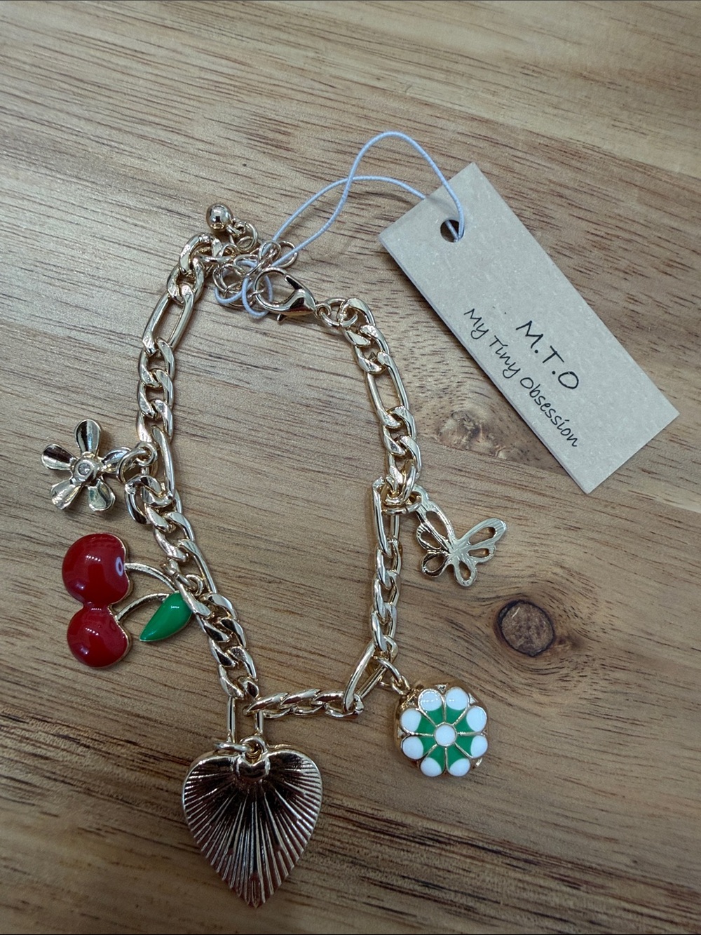 M.T.O Gold Charm Bracelet with Red Cherry & Green Flower Charms